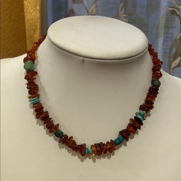 Jewelry - Amber and Turquoise Beaded Sterling Silver Clasp Necklace